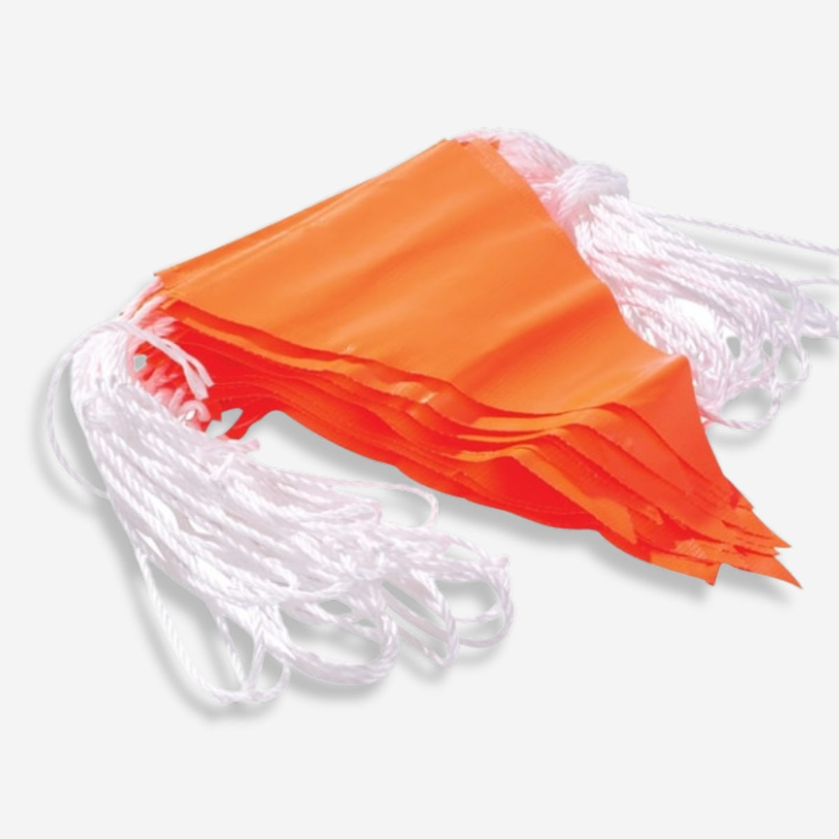 BMT 021 orange bunting flags shown as a wrapped 30m roll secured in plastic packaging with On Site Safety label and barcode, ready for site deployment.