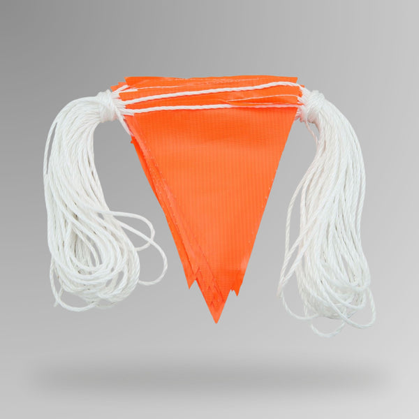 Stack of orange triangular polyethylene bunting flags threaded on white rope, shown loose on a white background. 30m length for site barricading and hazard delineation.