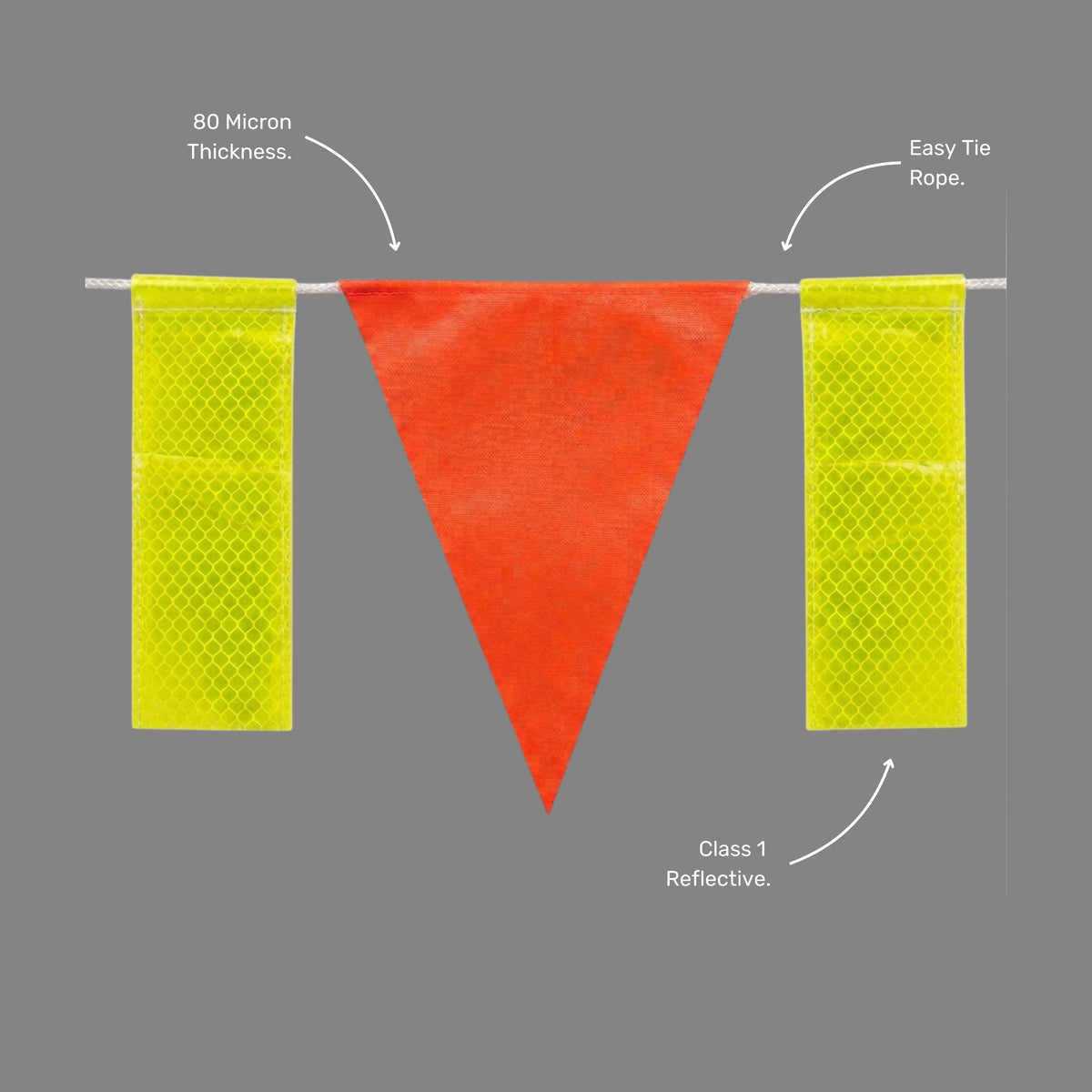 Orange hi vis reflective bunting flag with silver X pattern shown flat, highlighting the fluorescent orange mesh body, reflective tape cross and yellow border for maximum visibility in low light conditions on construction and mining worksites.