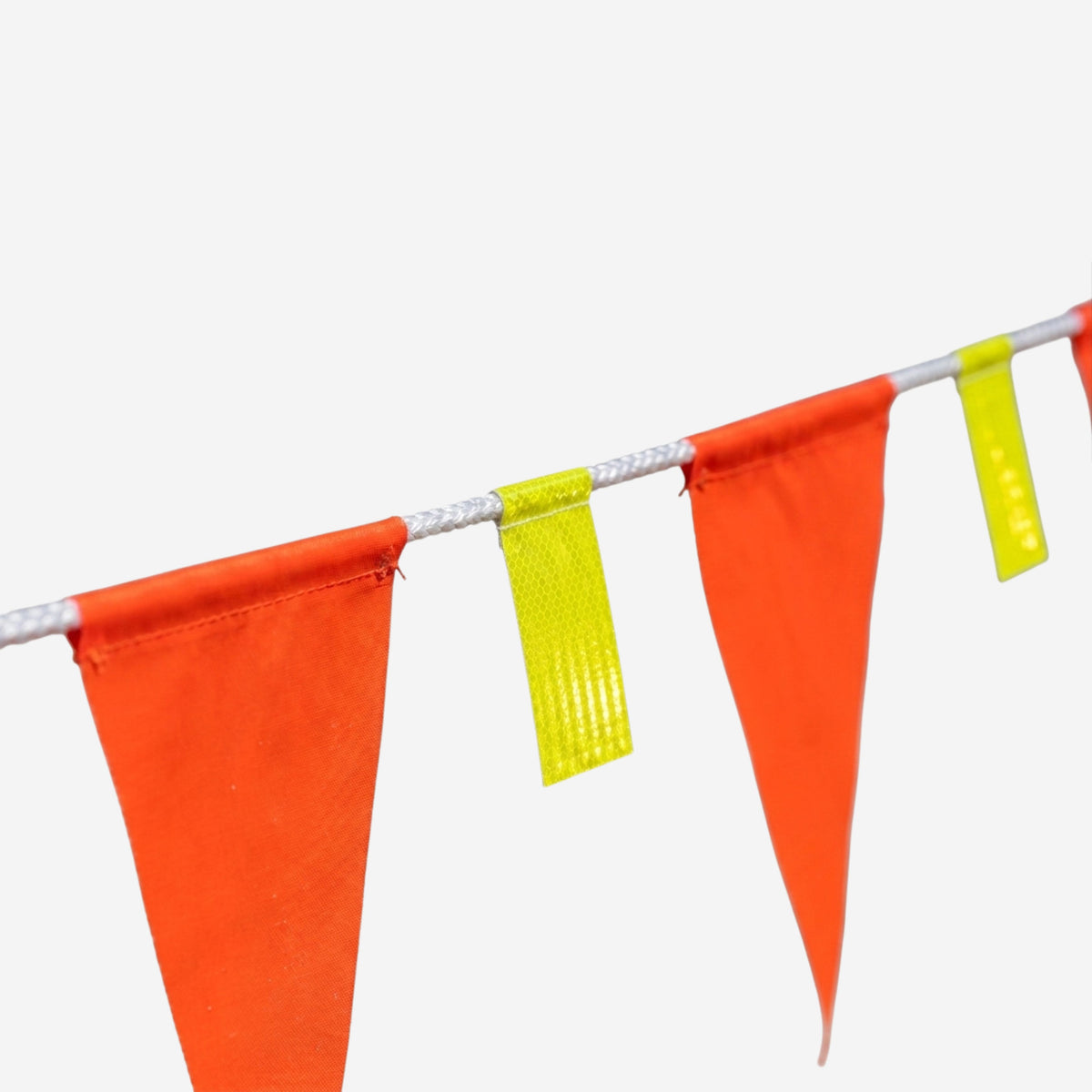 BMT 022 orange hi vis reflective bunting flags shown as a bundled roll on a white background, featuring fluorescent orange mesh with silver reflective X pattern for night time site barricading.