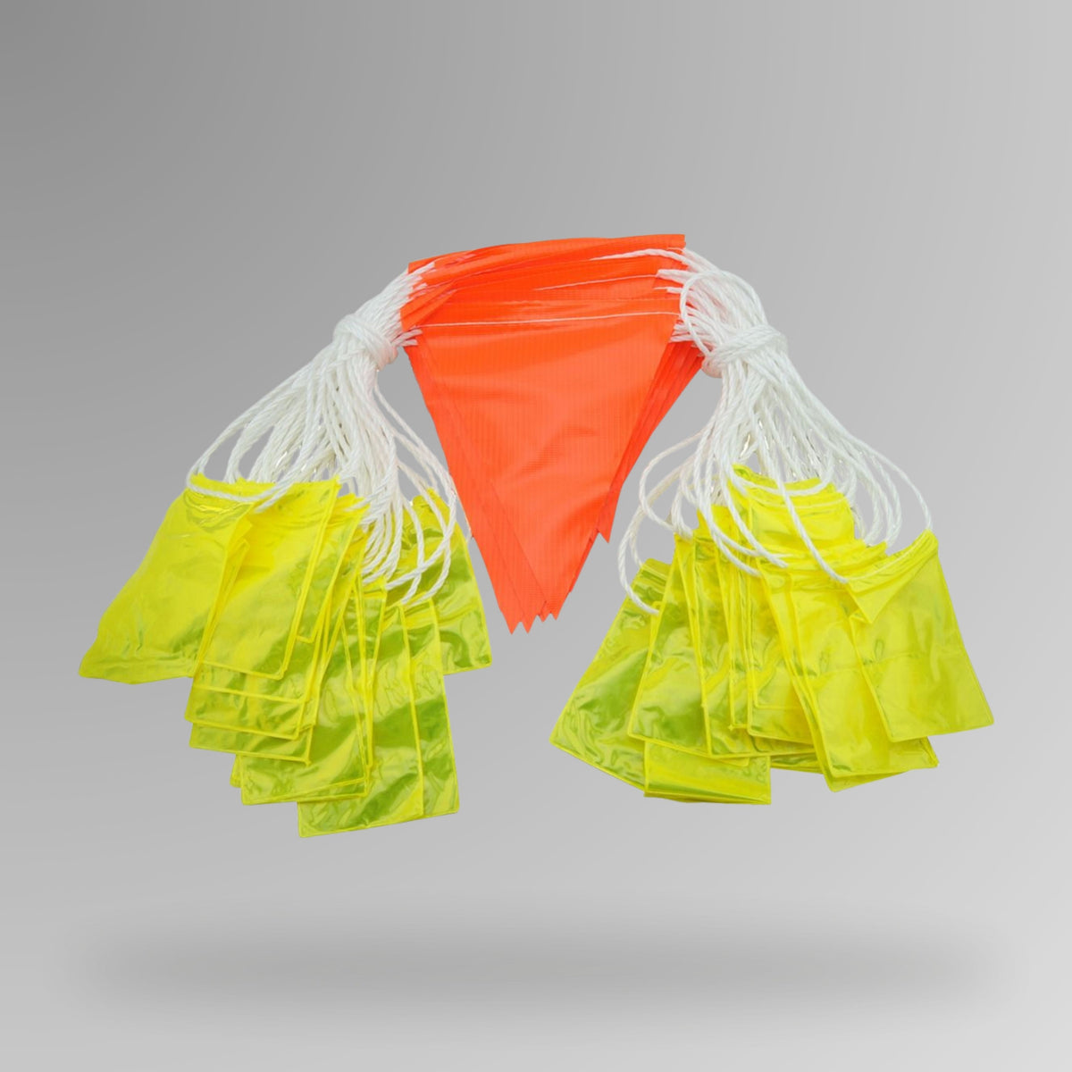 BMT 022 orange hi vis reflective bunting flag showing fluorescent orange mesh fabric with silver reflective X cross pattern and yellow border trim, designed for low light and night time site visibility.