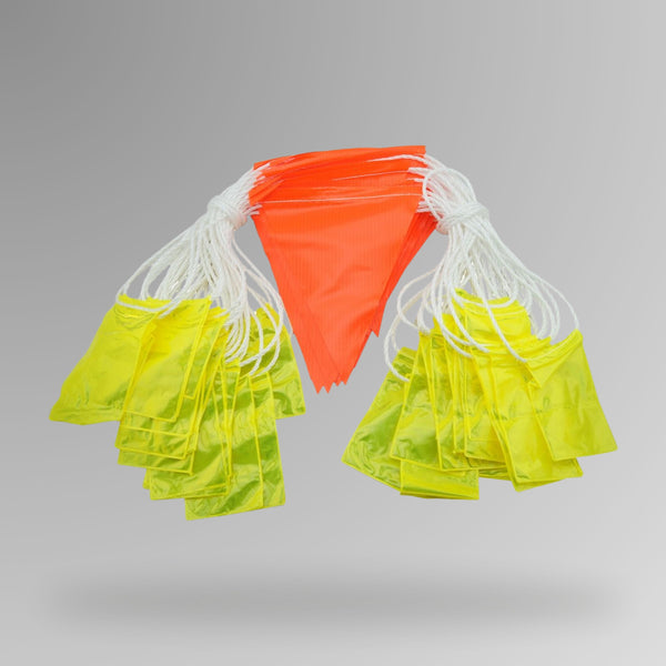 BMT 022 orange hi vis reflective bunting flag showing fluorescent orange mesh fabric with silver reflective X cross pattern and yellow border trim, designed for low light and night time site visibility.