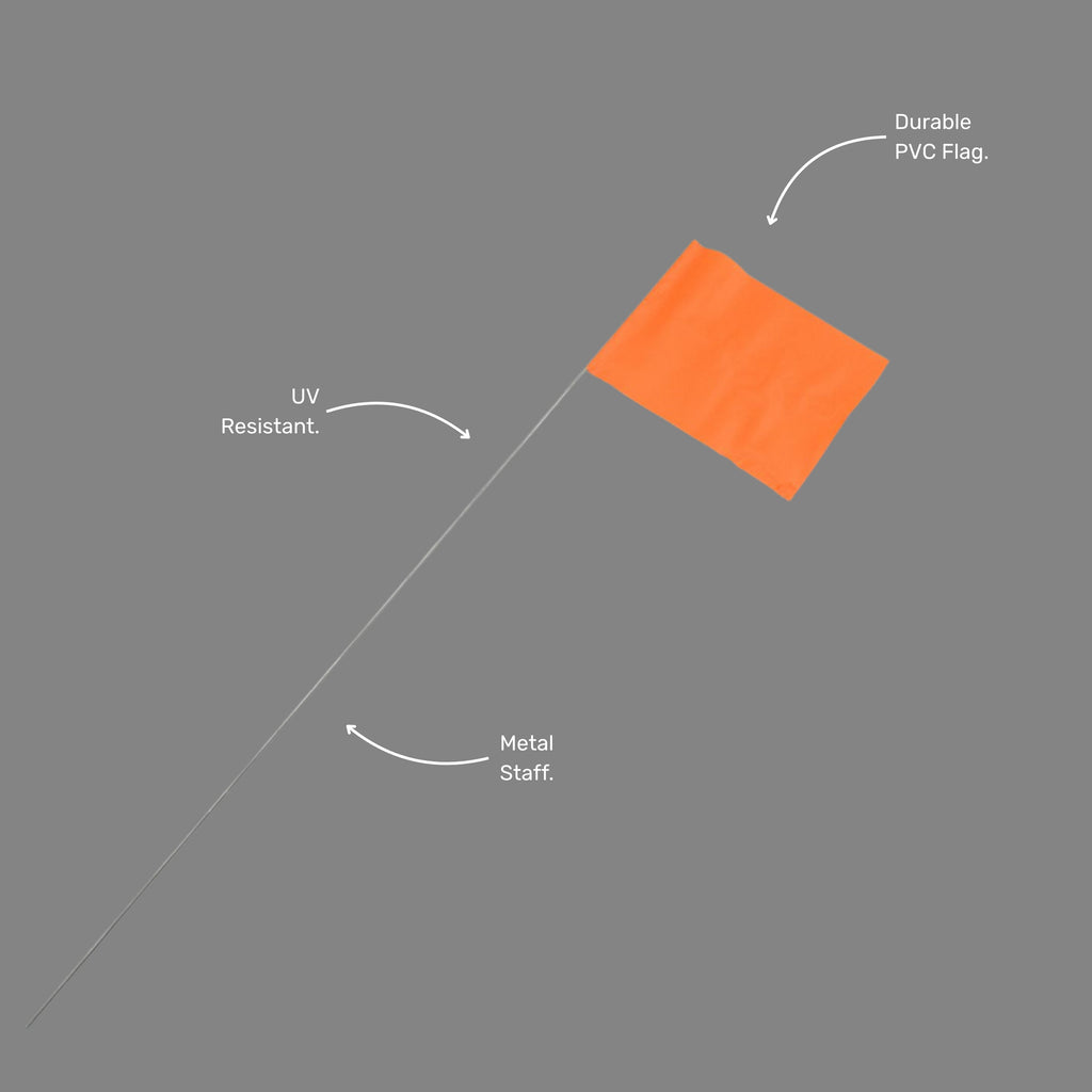 Single BMT 023 neon orange wire stake marking flag shown at an angle, highlighting the bright orange flag top and steel wire stake for ground insertion on surveying and civil works sites.