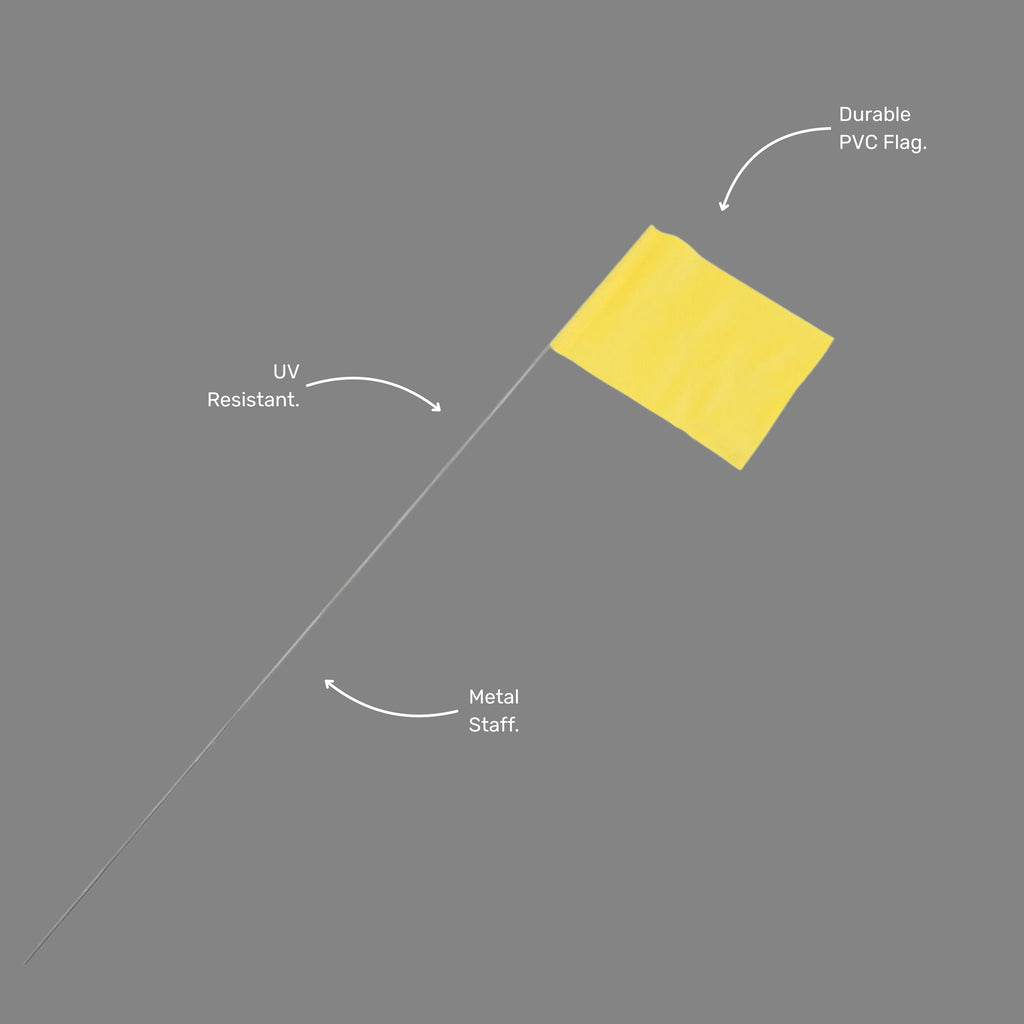 Single BMT 024 neon yellow wire stake marking flag shown at an angle, highlighting the bright yellow flag top and steel wire stake for ground insertion on surveying and civil works sites.