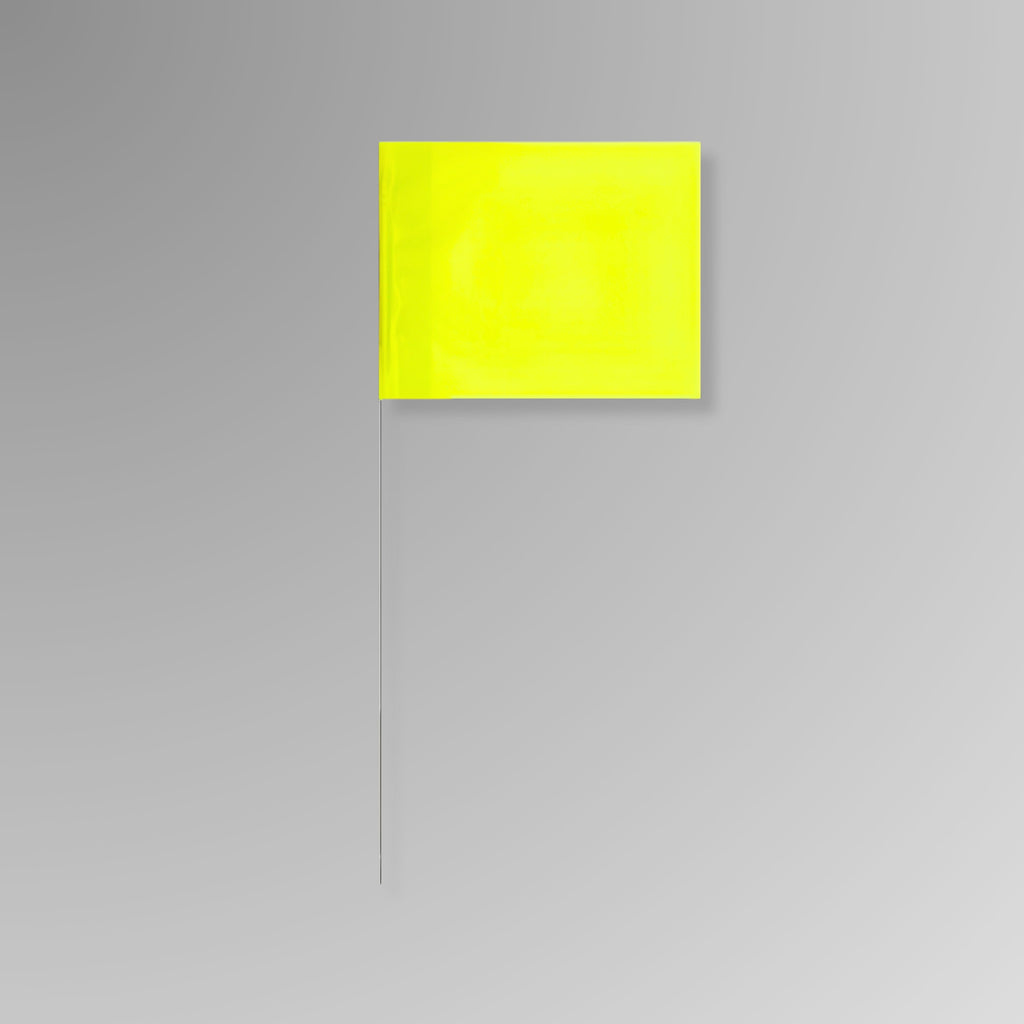 Bundle of BMT 024 neon yellow wire stake marking flags shown on a white background, with yellow flag tops bundled together and steel wire stakes extending below.