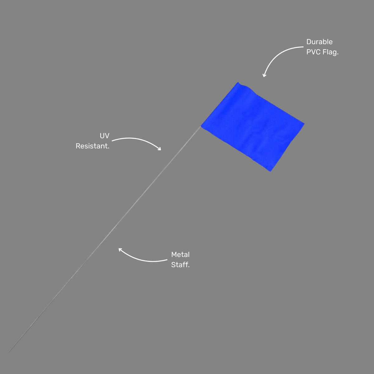Single BMT 025 blue wire stake marking flag shown at an angle, highlighting the blue flag top and steel wire stake for ground insertion on surveying and civil works sites.