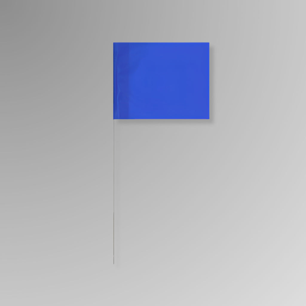 Bundle of BMT 025 blue wire stake marking flags shown on a white background, with blue flag tops bundled together and steel wire stakes extending below.