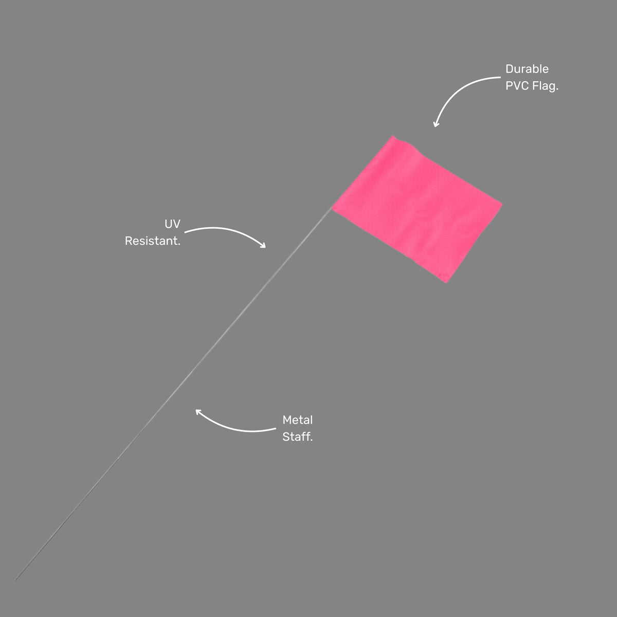 Single BMT 026 pink wire stake marking flag shown at an angle, highlighting the pink flag top and steel wire stake for ground insertion on surveying and civil works sites.