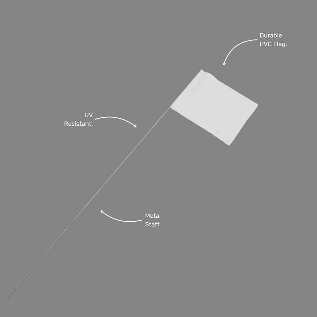 Single BMT 027 white wire stake marking flag shown at an angle, highlighting the white flag top and steel wire stake for ground insertion on surveying and civil works sites.