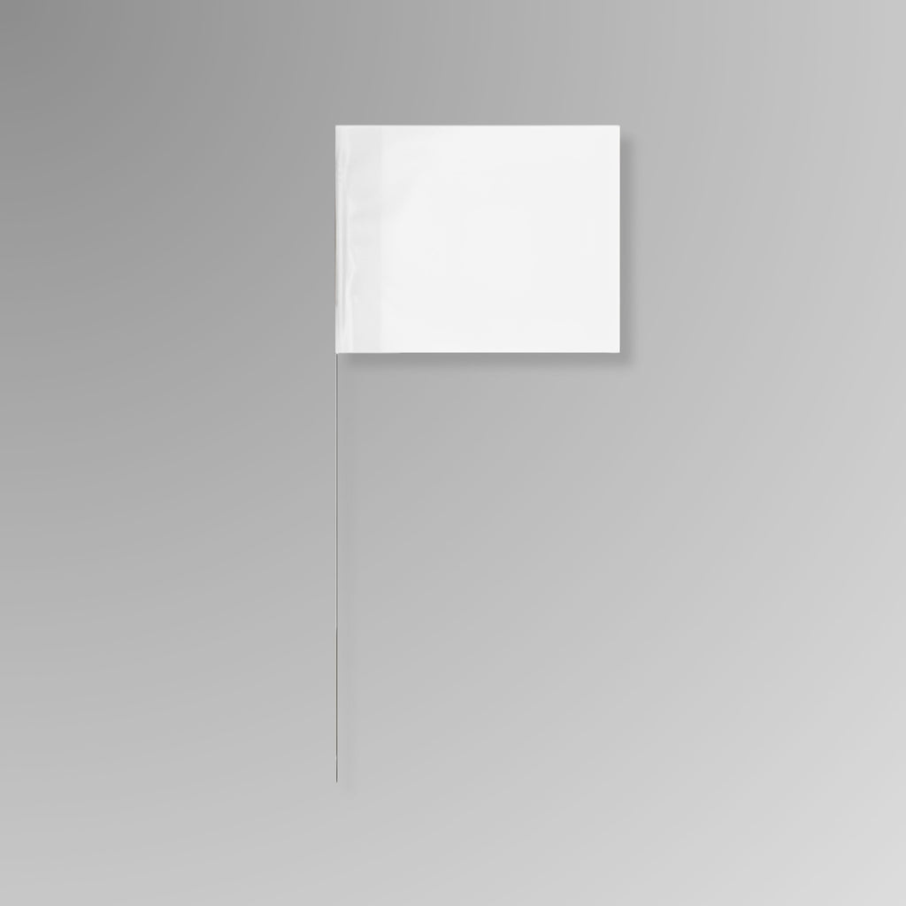 Bundle of BMT 027 white wire stake marking flags shown on a white background, with white flag tops bundled together and steel wire stakes extending below.