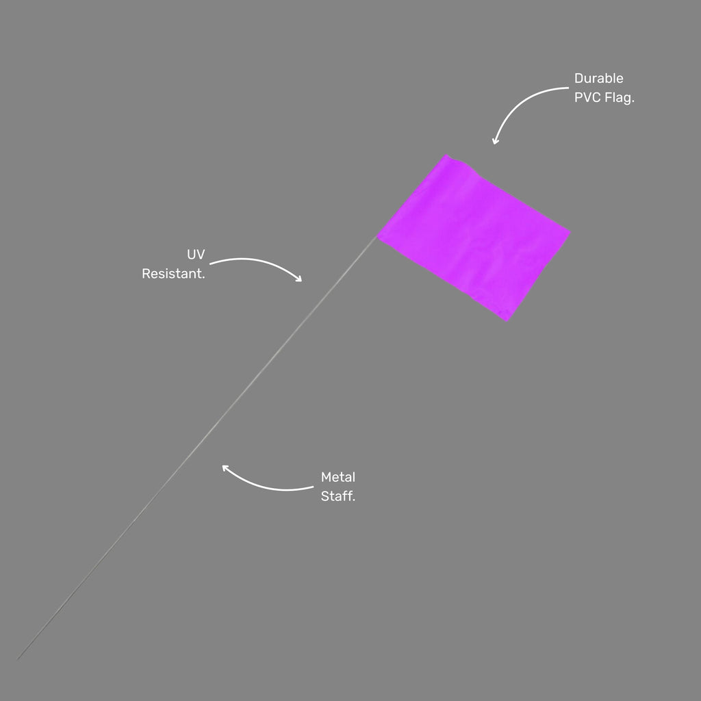 Single BMT 028 purple wire stake marking flag shown at an angle, highlighting the purple flag top and steel wire stake for ground insertion on surveying and civil works sites.