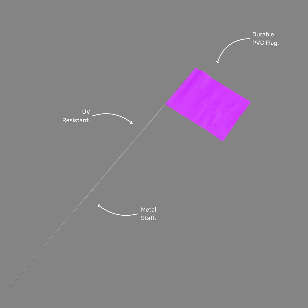 Single BMT 028 purple wire stake marking flag shown at an angle, highlighting the purple flag top and steel wire stake for ground insertion on surveying and civil works sites.