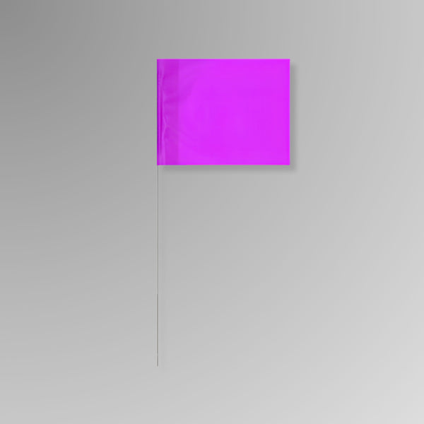 Bundle of BMT 028 purple wire stake marking flags shown on a white background, with purple flag tops bundled together and steel wire stakes extending below.