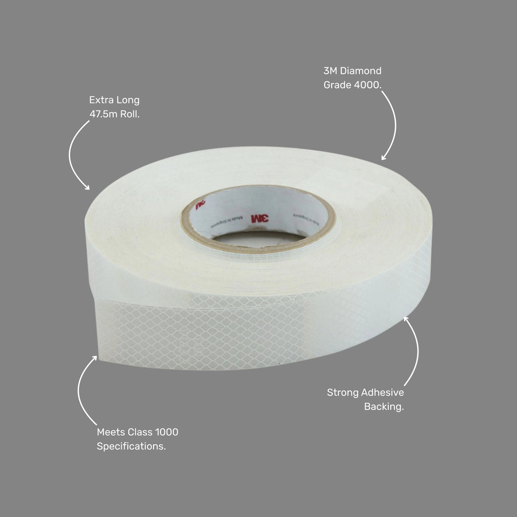Benefits callout highlighting superior visibility, Class 1000 performance, durable adhesive backing, and 50mm width for safety marking applications