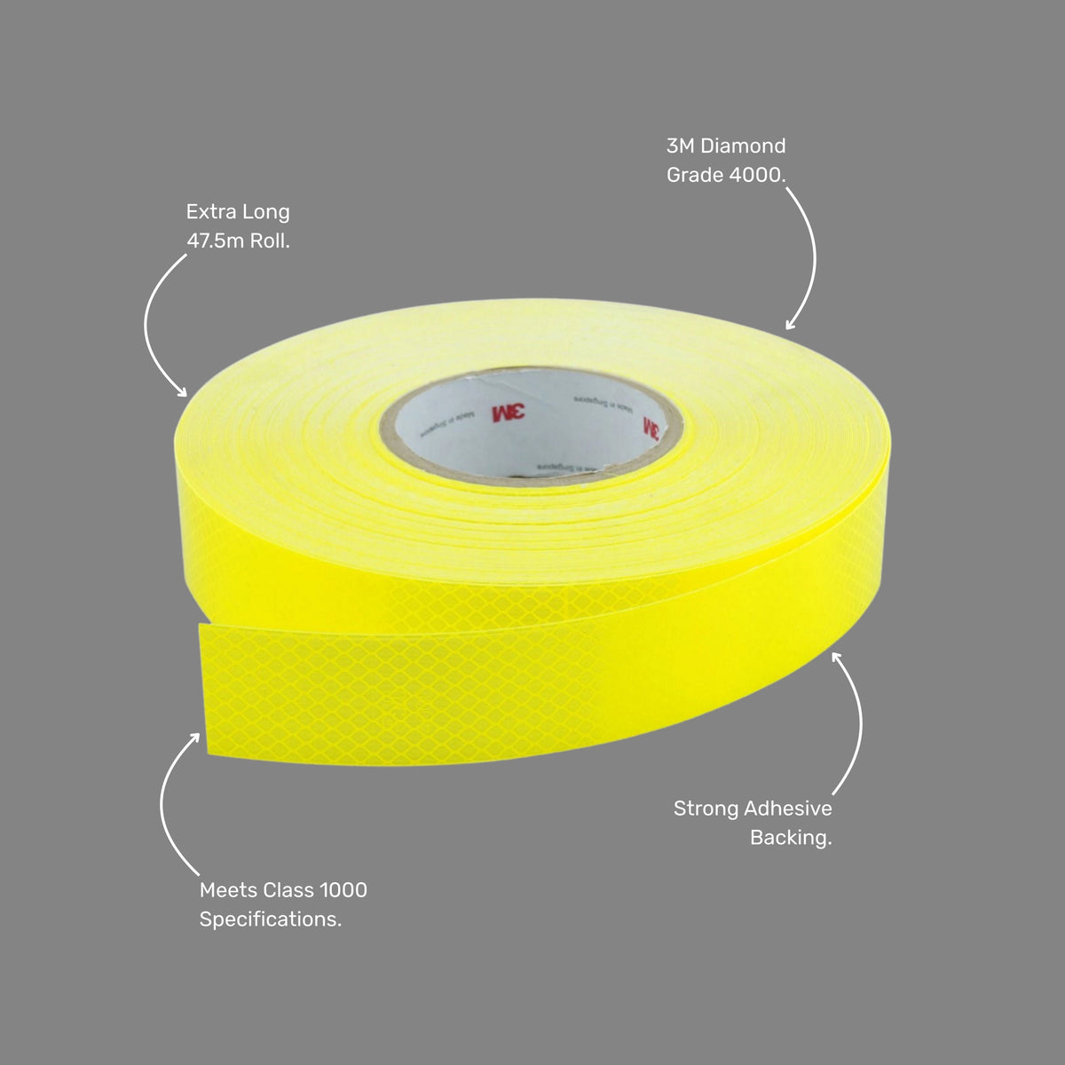Benefits callout highlighting superior visibility, Class 1000 performance, durable adhesive backing, and 75mm width for safety marking applications