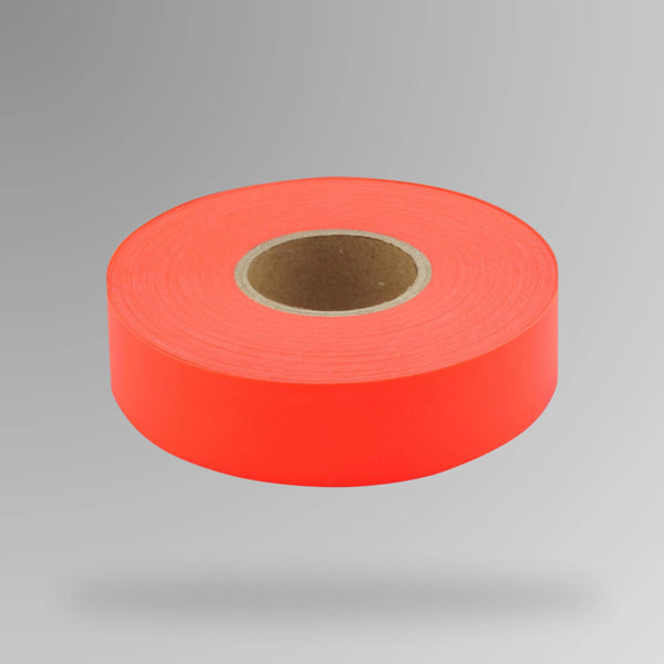Upright roll of red survey flagging tape showing 75 metre length and 25mm width with UV treated PVC construction