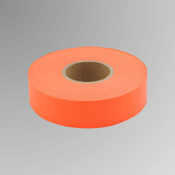 Upright roll of neon orange survey flagging tape showing 75 metre length and 25mm width with UV treated PVC construction