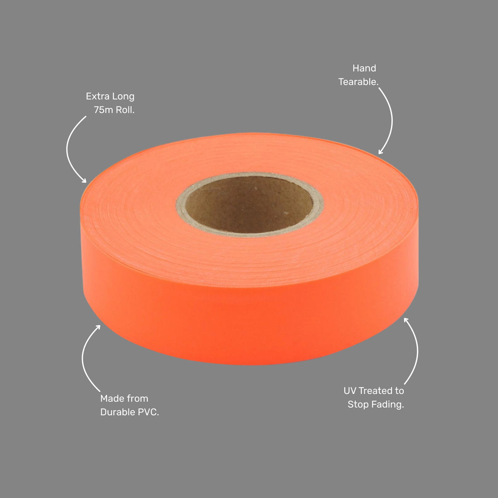 Benefits callout featuring hand tearable design, UV fade resistance, durable PVC construction, and high visibility neon orange colour for marking applications