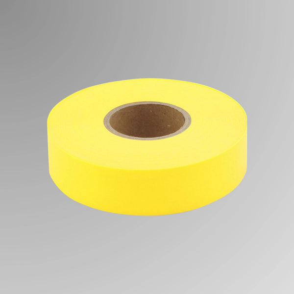 Upright roll of neon yellow survey flagging tape showing 75 metre length and 25mm width with UV treated PVC construction