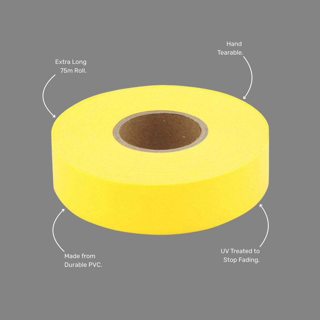 Benefits callout featuring hand tearable design, UV fade resistance, durable PVC construction, and high visibility neon yellow colour for marking applications