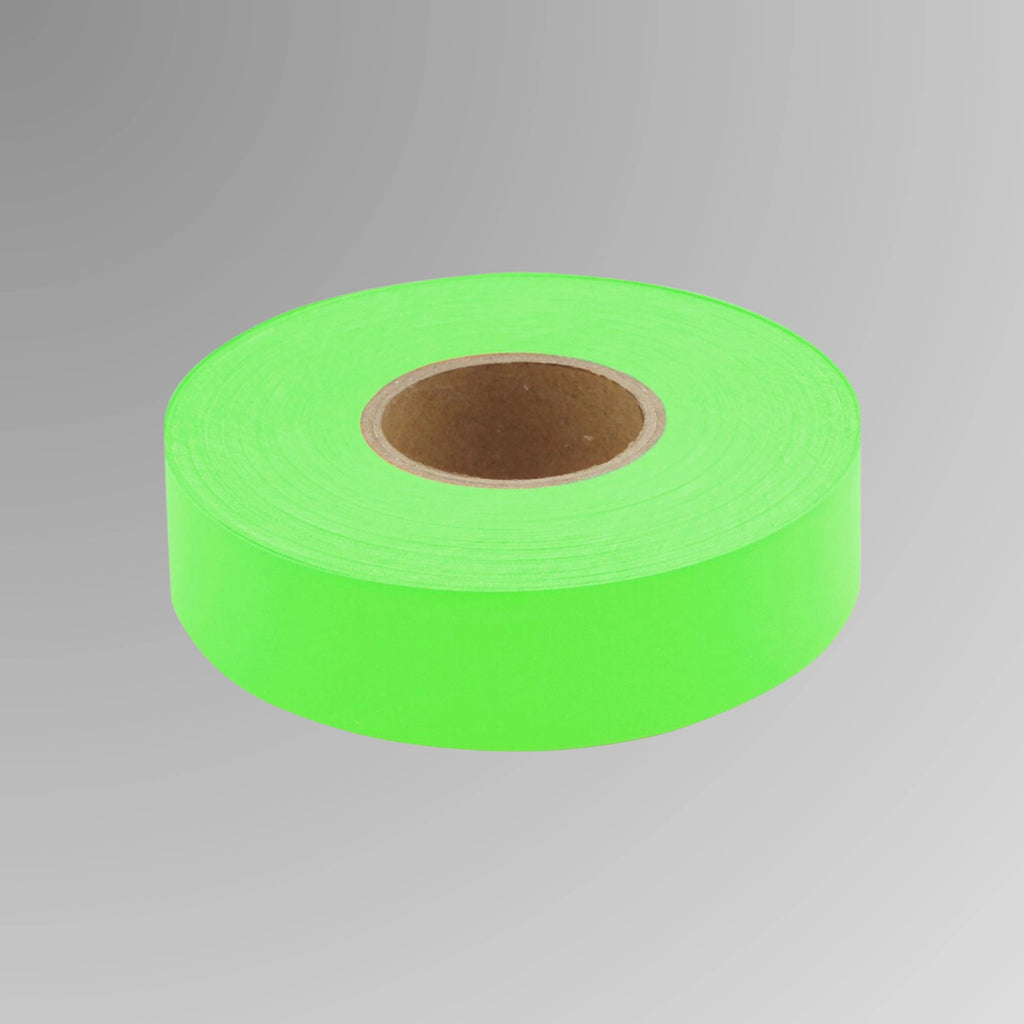 Upright roll of neon green survey flagging tape showing 75 metre length and 25mm width with UV treated PVC construction