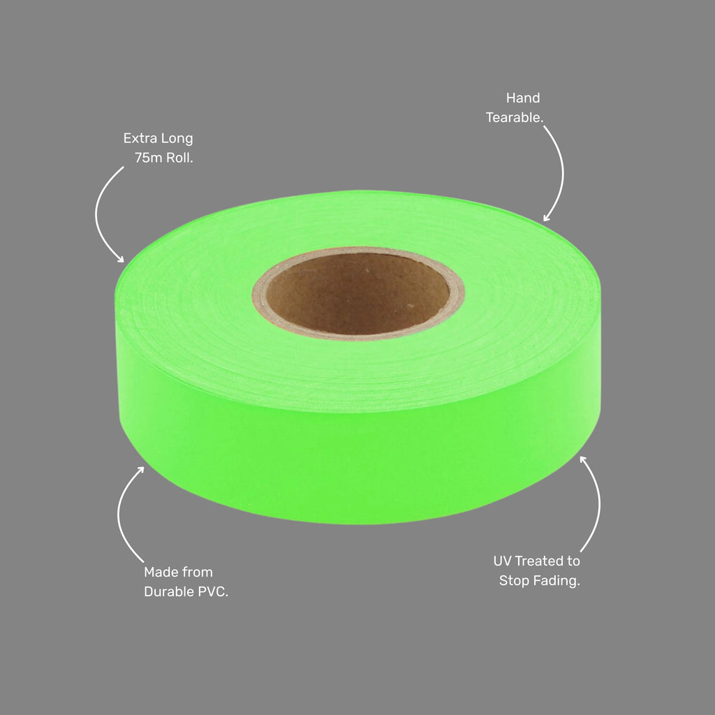 Benefits callout featuring hand tearable design, UV fade resistance, durable PVC construction, and high visibility neon green colour for marking applications