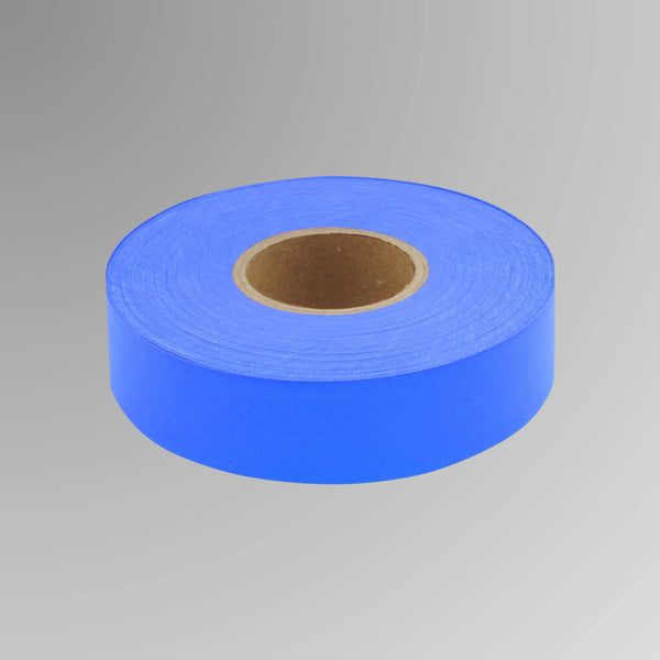 Upright roll of blue survey flagging tape showing 75 metre length and 25mm width with UV treated PVC construction