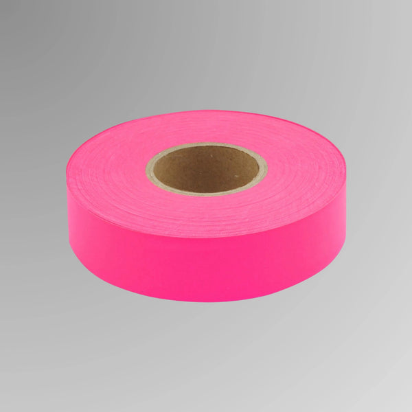 Upright roll of pink survey flagging tape showing 75 metre length and 25mm width with UV treated PVC construction