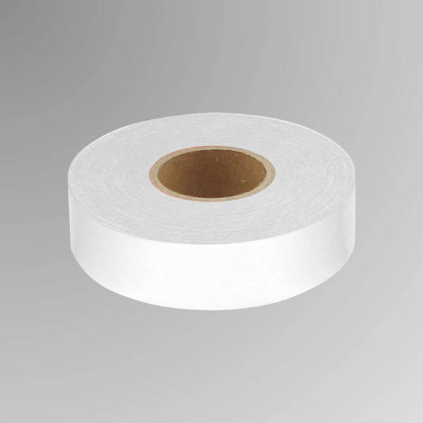 Upright roll of white survey flagging tape showing 75 metre length and 25mm width with UV treated PVC construction