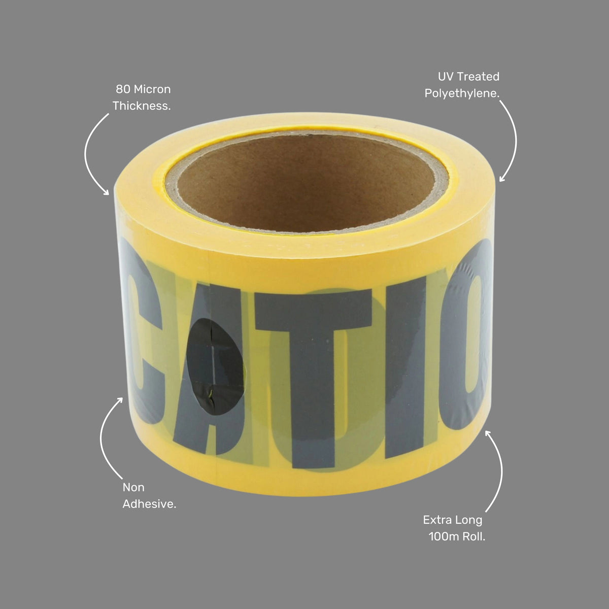 Benefits callout highlighting UV weather resistance, non adhesive deployment, individual sealing with barcode, and durable polyethylene construction