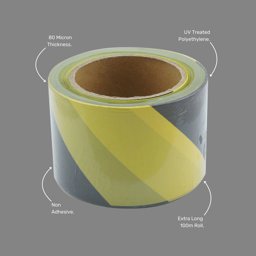 Benefits callout highlighting UV weather resistance, non adhesive deployment, individual sealing with barcode, and high visibility striping pattern