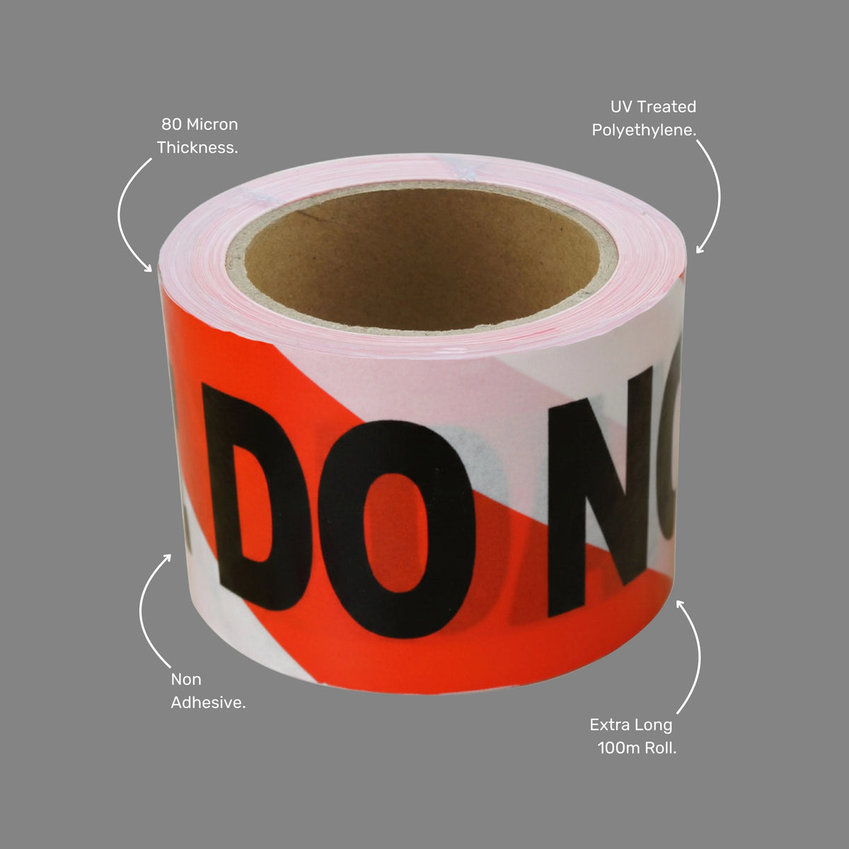 Benefits callout highlighting enhanced 2 ply strength, UV weather resistance, non adhesive deployment, danger warning text, and individual sealing with barcode