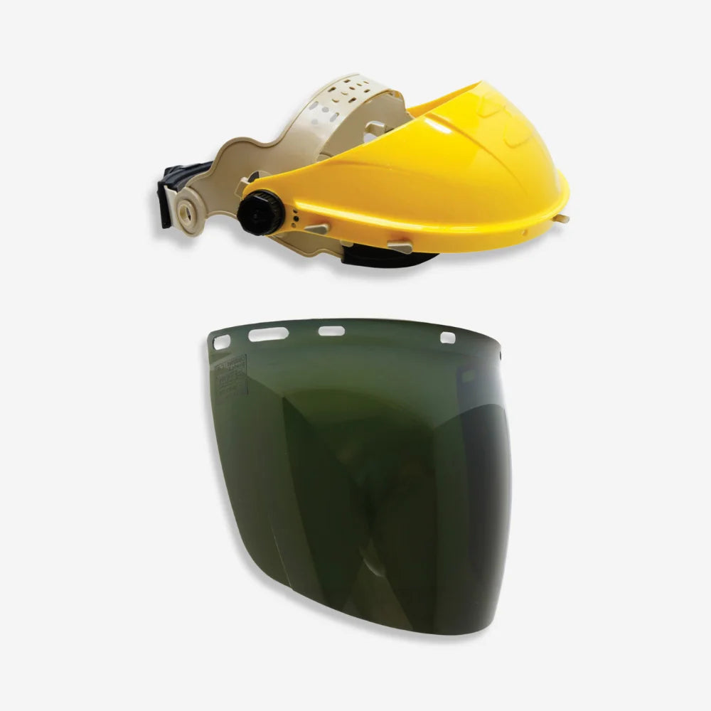 Brow guard and face shield shown from side displaying ratchet adjustment, rotation lock and welding shade 5 visor extending to chin