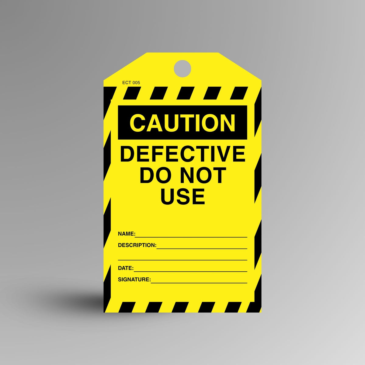 Upright yellow and black Caution Defective Do Not Use tag with name, description, date and signature fields, reference number ECT005.