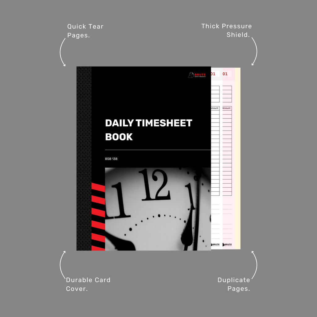Callout diagram of the Daily Timesheet Book highlighting quick tear pages, thick pressure shield, durable card cover and duplicate pages.
