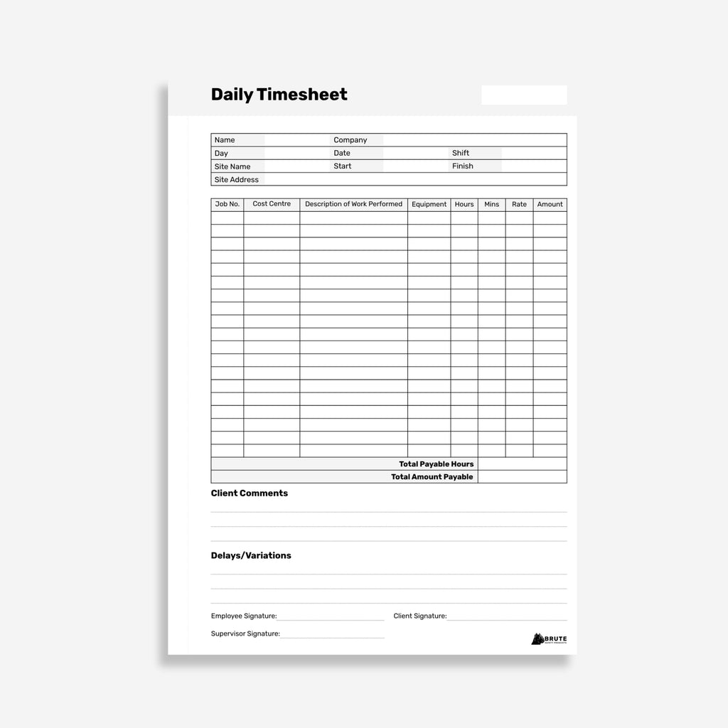 Layflat Daily Timesheet showing name, site and shift details alongside a job number, cost centre and hours table with client comments and signature fields.