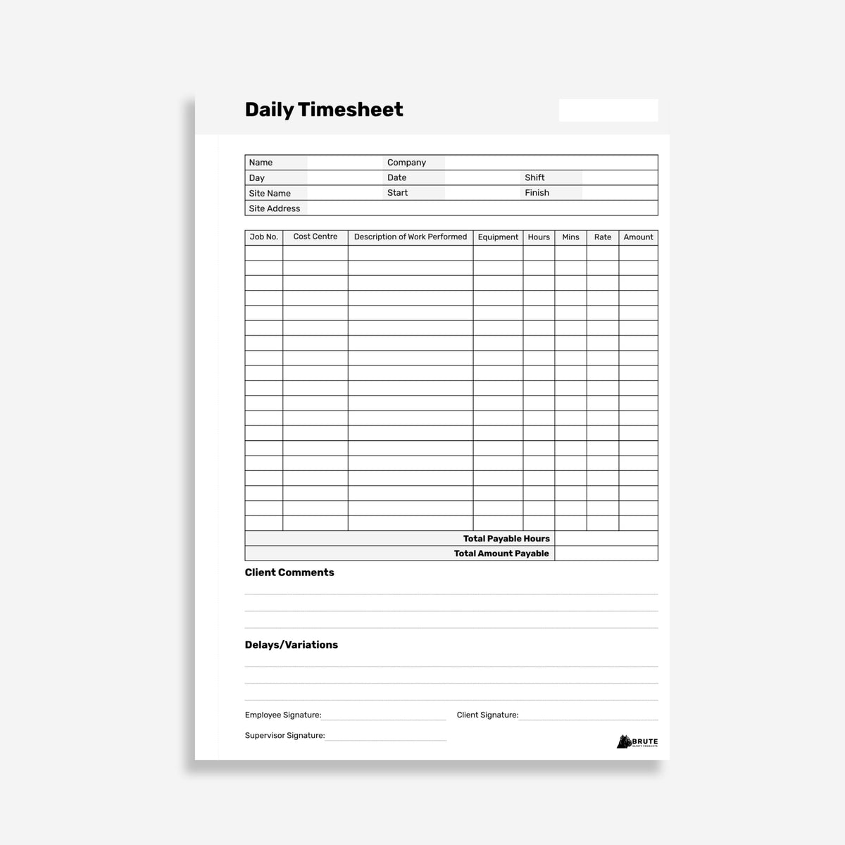Layflat Daily Timesheet showing name, site and shift details alongside a job number, cost centre and hours table with client comments and signature fields.