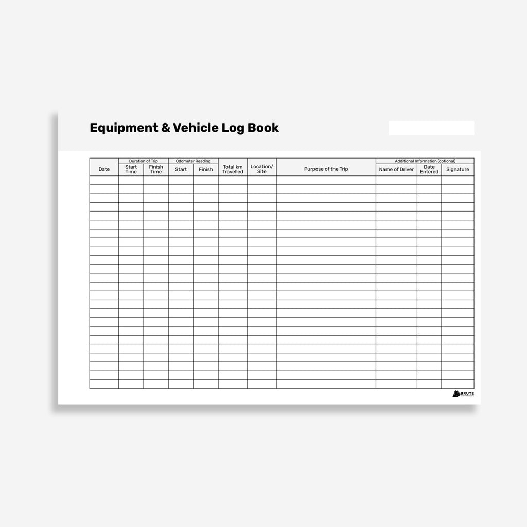 Layflat Equipment and Vehicle Log Book showing date, trip duration, odometer readings, location, purpose of trip and driver signature fields.