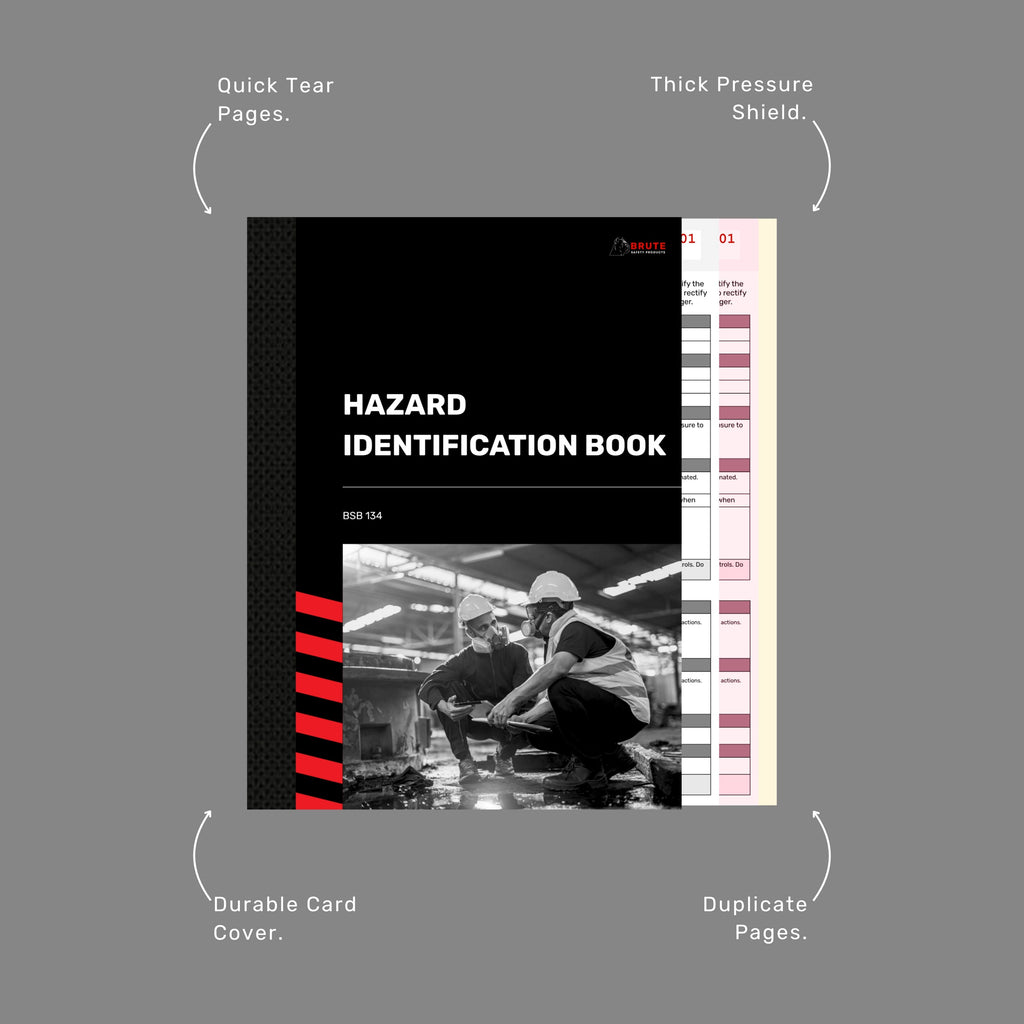 Callout diagram of the Hazard Identification Book highlighting quick tear pages, thick pressure shield, durable card cover and duplicate pages.