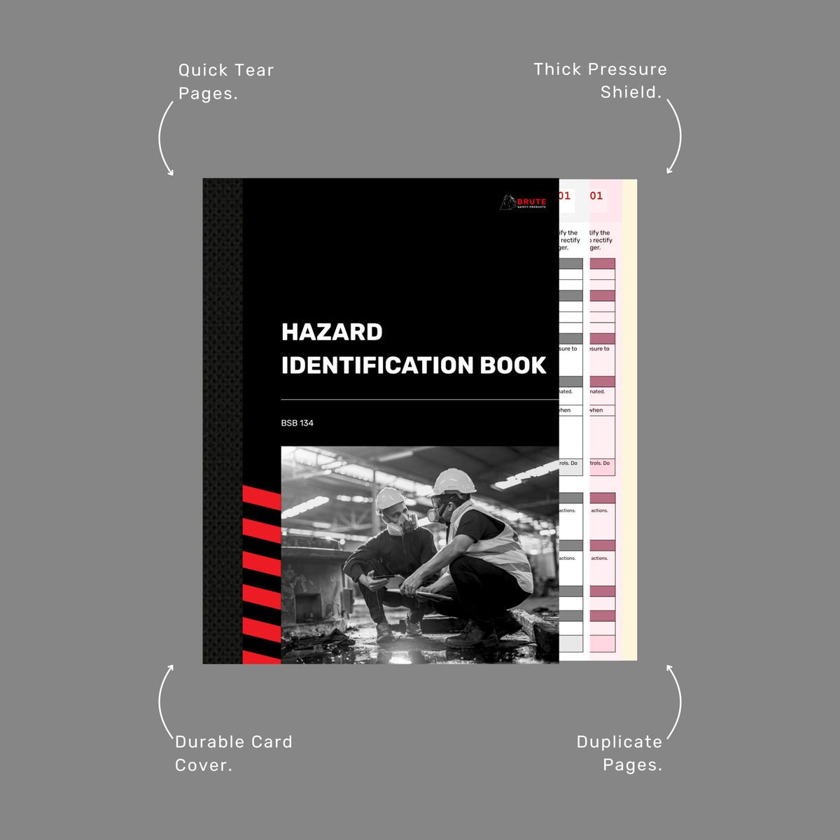 Callout diagram of the Hazard Identification Book highlighting quick tear pages, thick pressure shield, durable card cover and duplicate pages.