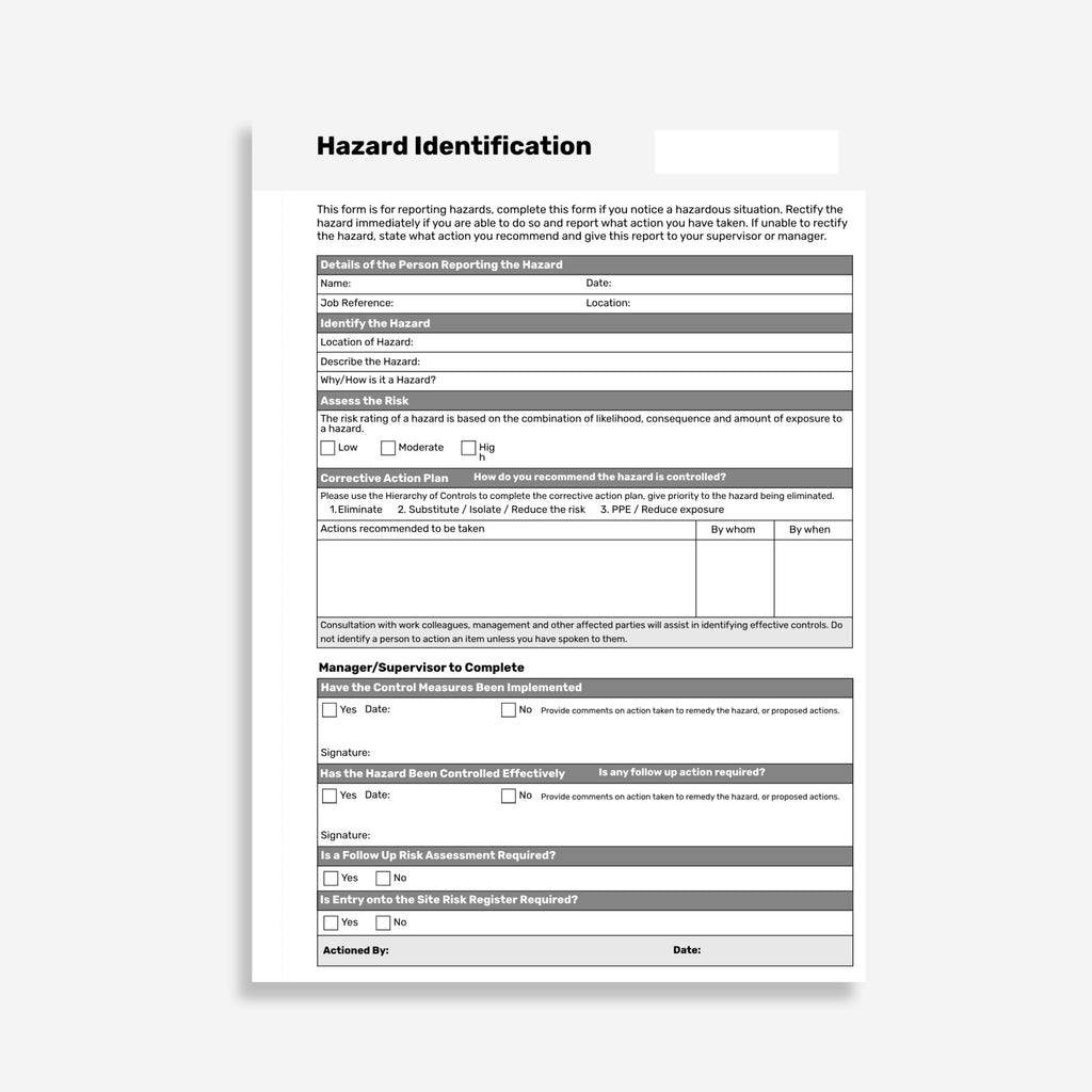 Layflat Hazard Identification form showing hazard description, risk rating, corrective action plan and manager sign off sections.