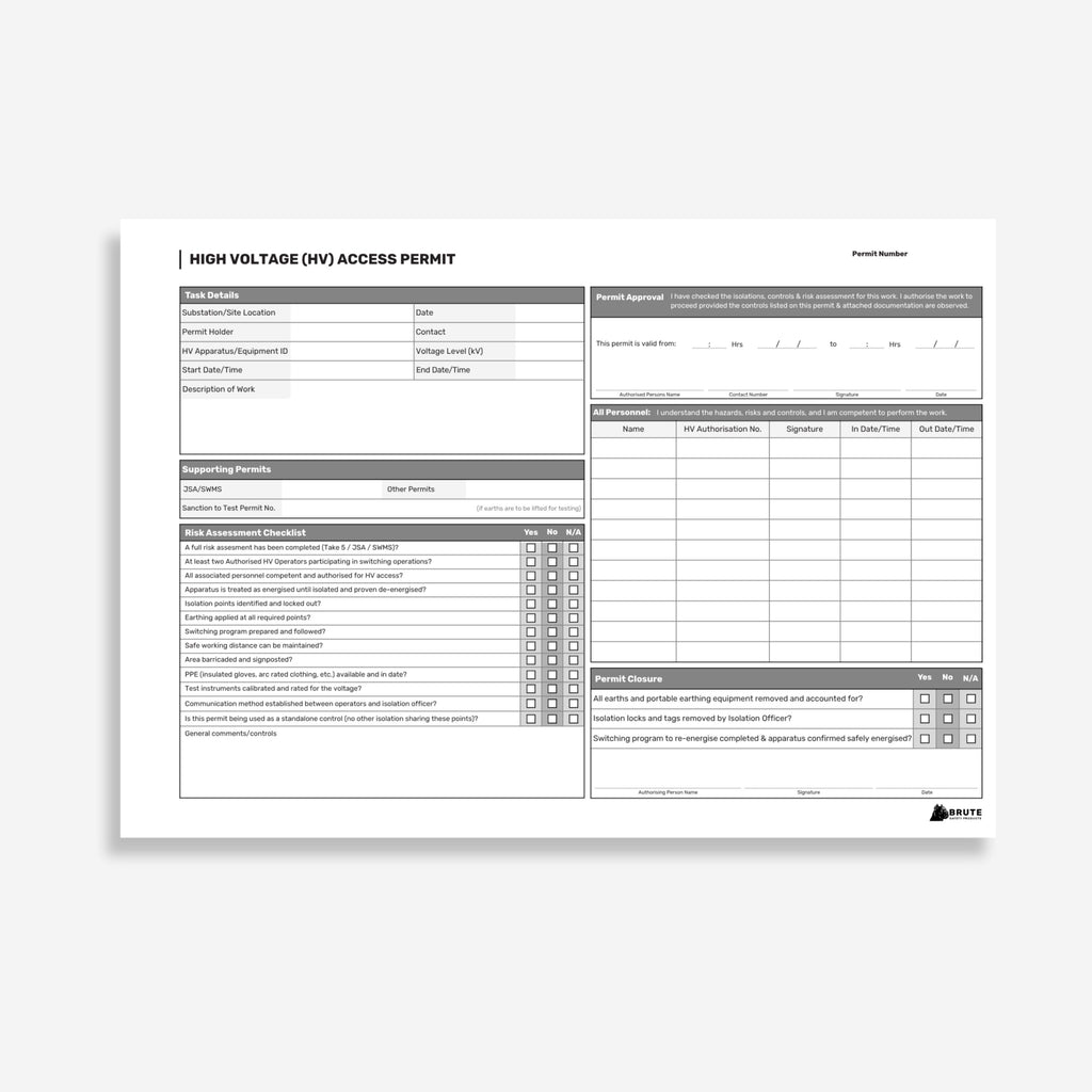 Layflat High Voltage Access Permit showing task details, supporting permits, risk assessment checklist, personnel sign on table and permit closure fields.
