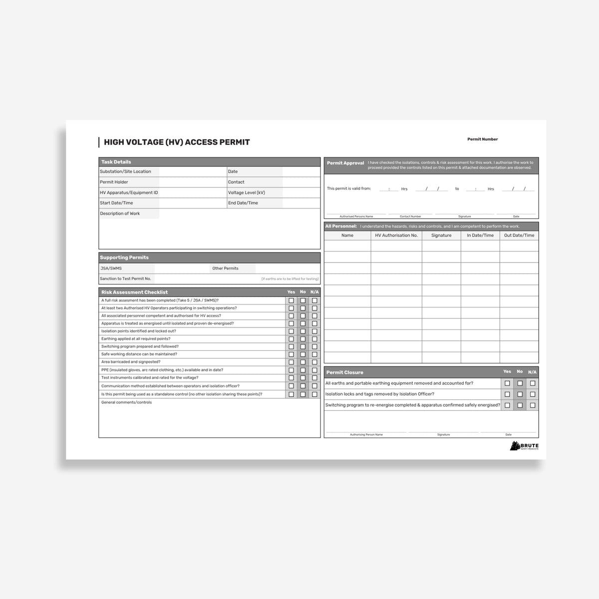 Layflat High Voltage Access Permit showing task details, supporting permits, risk assessment checklist, personnel sign on table and permit closure fields.