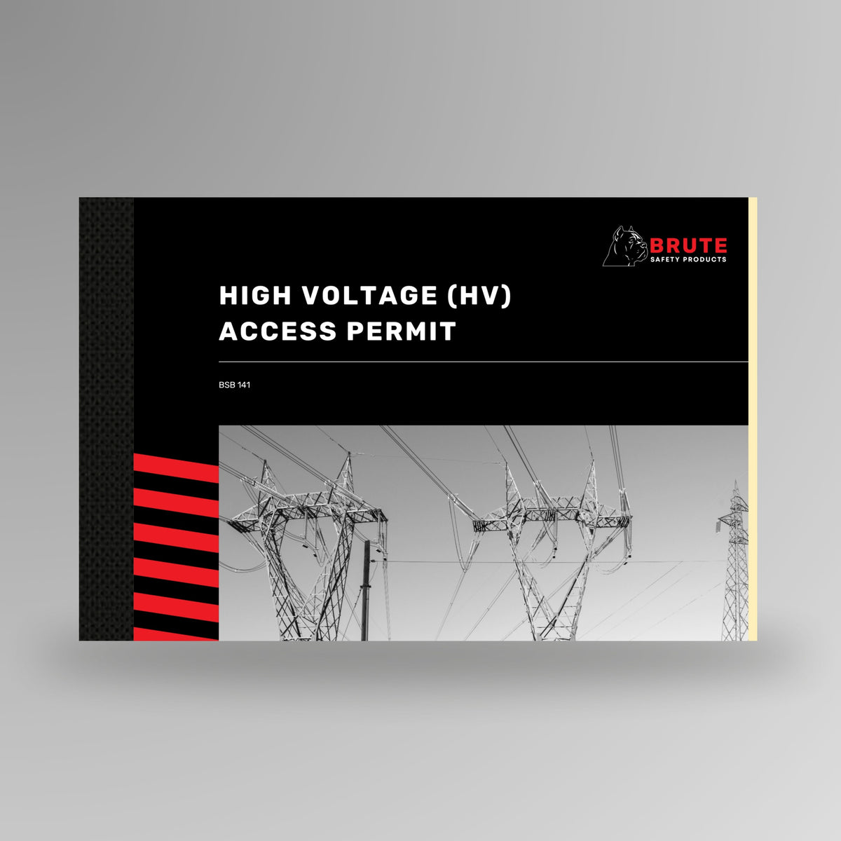 Upright Brute Safety Products High Voltage Access Permit Book with black card cover, transmission towers photo and BSB141 reference number.