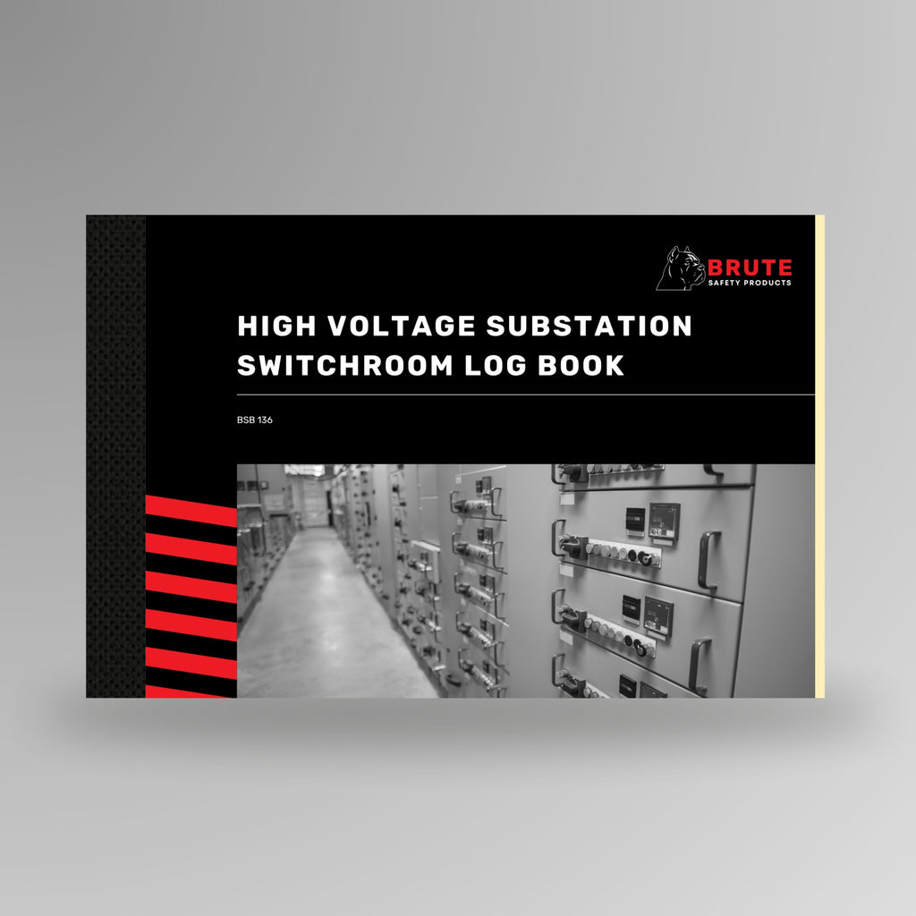 Upright Brute Safety Products High Voltage Substation Switchroom Log Book with black card cover, switchroom corridor photo and BSB136 reference number.