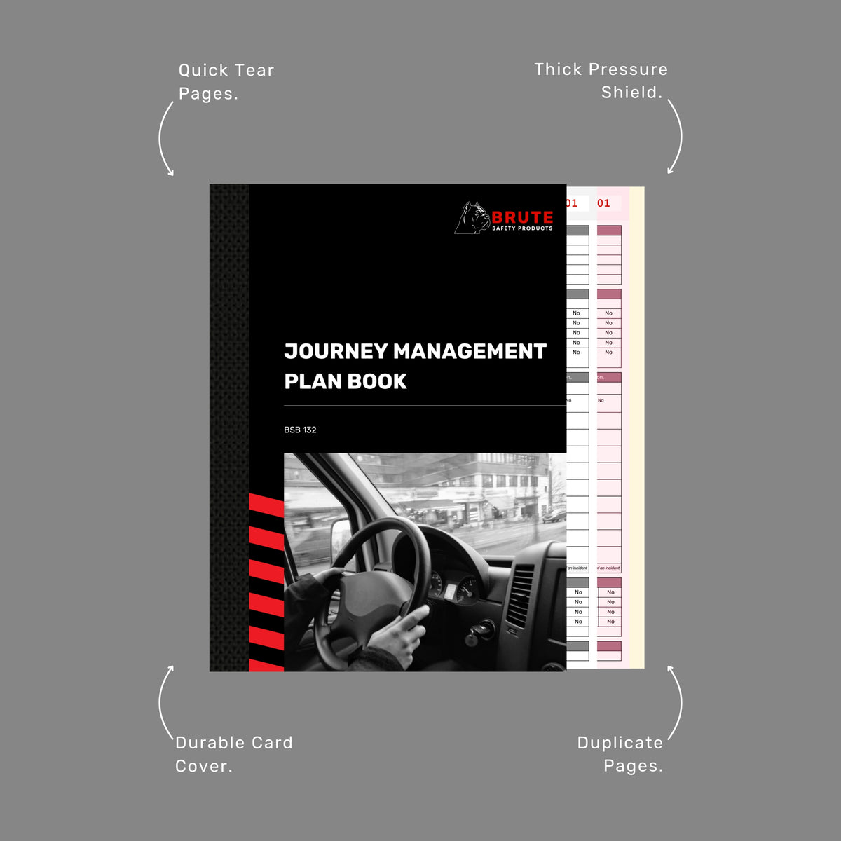Callout diagram of the Journey Management Plan Book highlighting quick tear pages, thick pressure shield, durable card cover and duplicate pages.