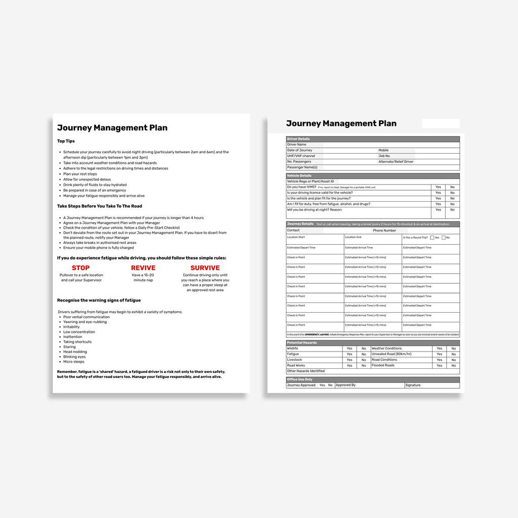Layflat Journey Management Plan pages showing fatigue management tips alongside driver, vehicle, journey and hazard detail fields.