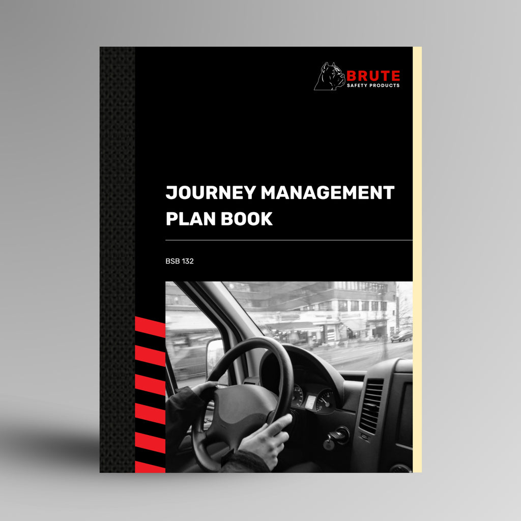 Upright Brute Safety Products Journey Management Plan Book with black card cover, vehicle interior photo and BSB132 reference number.