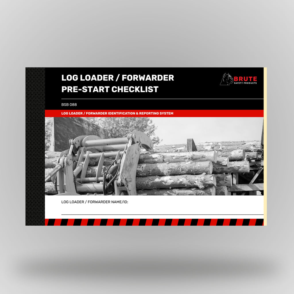 Log Loader and Forwarder Pre-Start Checklist book cover showing a log loader grapple and stacked logs, with identification and reporting system banner and BSB088 reference number.