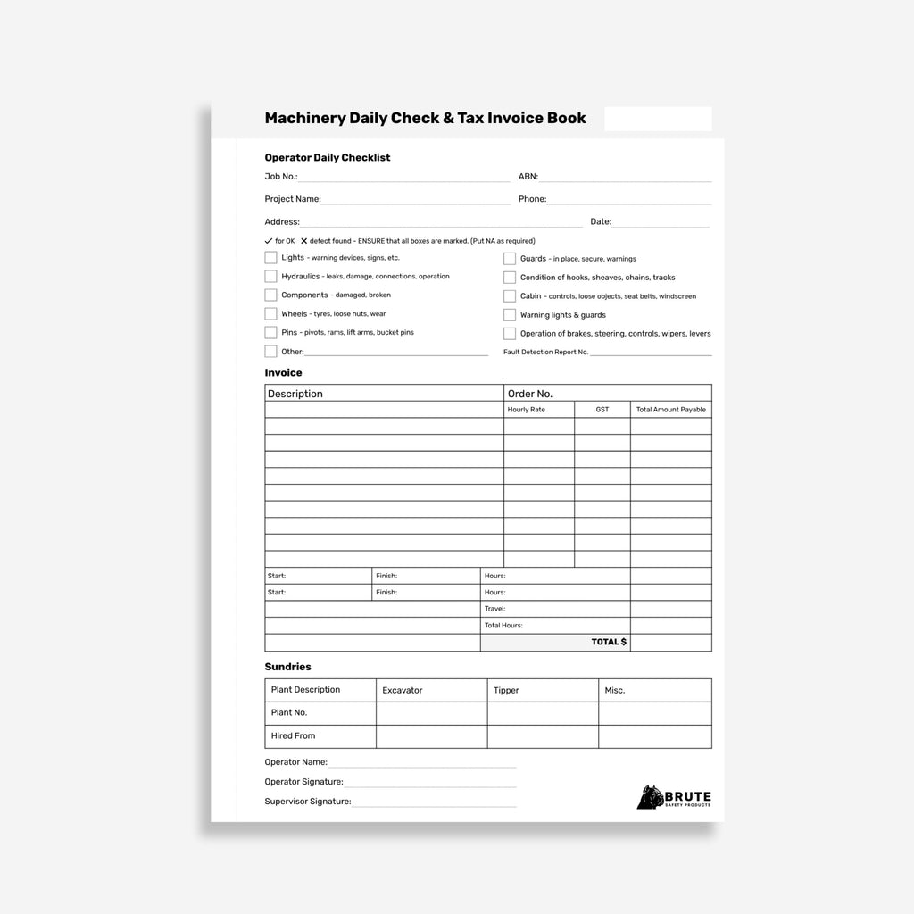 Layflat Machinery Daily Check and Tax Invoice Book showing operator daily checklist items, invoice description and rate table, sundries section and signatures.